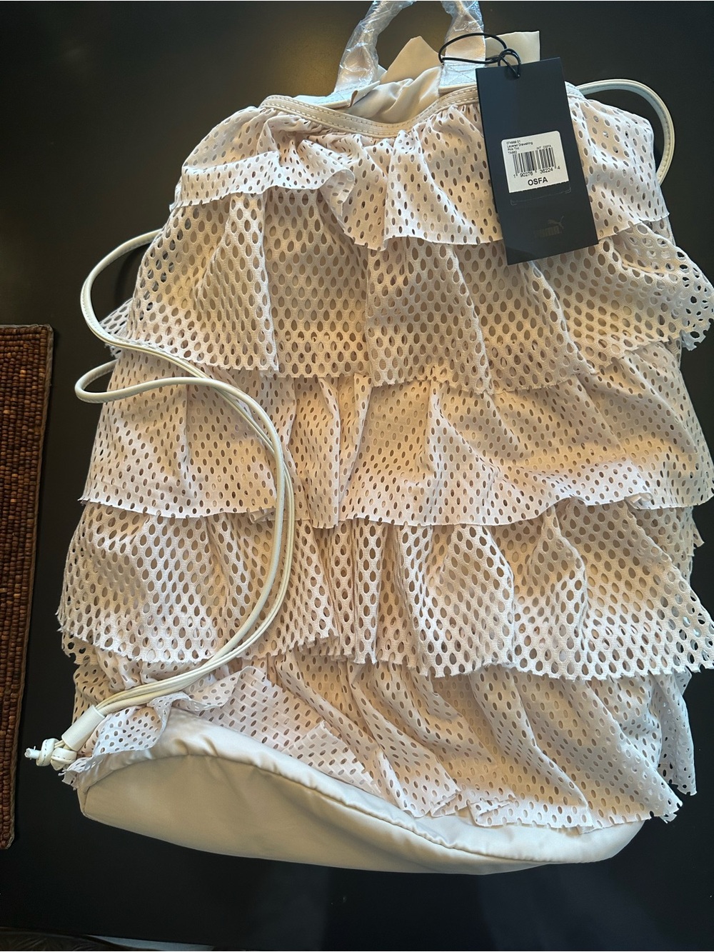 Puma X Fenty Layered Mesh Drawstring Backpack in Cream - Picture 2 of 5